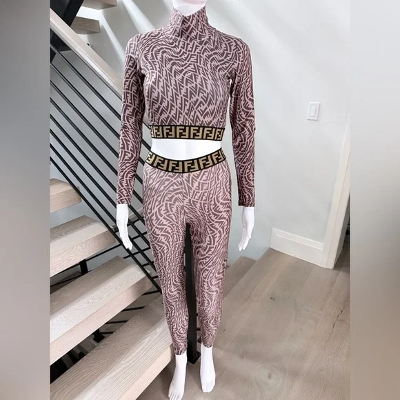 Fendi Geometric Matching Leggings Set - Brown and Black size XS/S - Picture 6 of 16